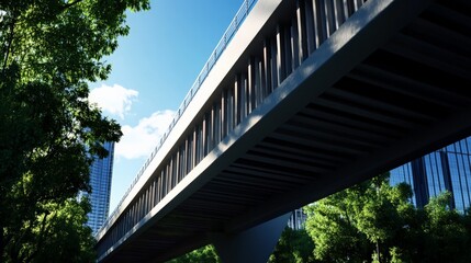 Fototapeta premium Modern elevated bridge against blue sky surrounded by green foliage and high-rise buildings, showcasing urban infrastructure design.