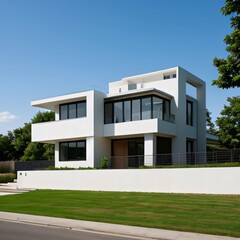 Modern luxury house with a well-manicured lawn..