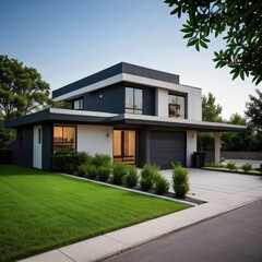 Modern luxury house with a well-manicured lawn..