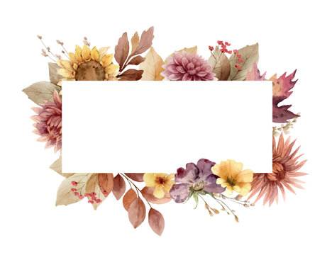 Autumn vector floral illustration clipart. Fall rectangle frame. Burnt orange, burgundy and terracotta flowers for rustic wedding design, greeting cards, thanksgiving decoration.