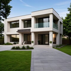 Modern luxury house with a well-manicured lawn..