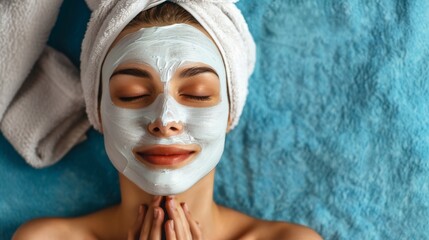 Relaxed woman using facial mask