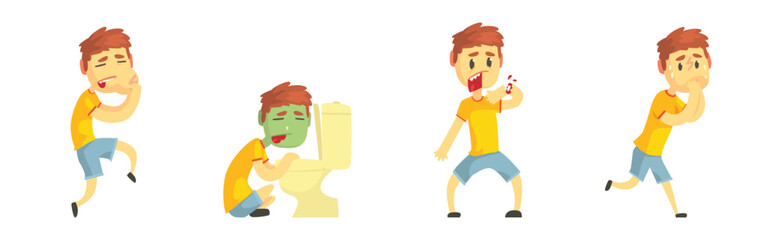Boy Character Feel Unwell Suffer from Disease Symptoms Vector Set
