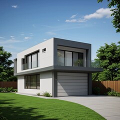 Modern luxury house with a well-manicured lawn..