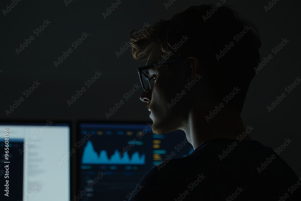  a programmer sits in front of two large computer monitors working on lines of code in a dimly lit of
