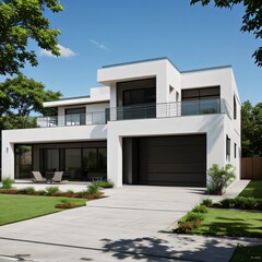 Modern luxury house with a well-manicured lawn..