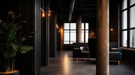 Modern industrial office interior with large windows, exposed pipes, and stylish furniture. Minimalistic design and natural light.