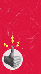 Female hand showing thumbs up on red background with copy space.