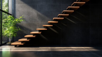 Modern interior with wooden floating staircase and large window casting natural light. Minimalist design in contemporary home.