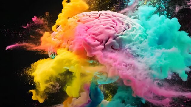 vibrant and dynamic illustration of a human brain, split into two hemispheres, with splashes of colorful paint exploding outward
