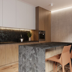 Modern kitchen design with natural stone granite Mystic Grey. Stone top and island with detail of interior faucet and home appliances.