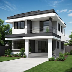 Modern luxury house with a well-manicured lawn..