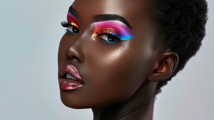 Trendy model with glowing skin, colorful makeup, and radiant highlights