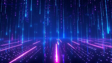 Obraz premium A stunning visual of colorful light rays cascading against a dark backdrop, creating a mesmerizing digital atmosphere. Stage for product presentation.