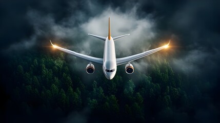 Fototapeta premium An environmentally sustainable biofuel concept of a white airplane flying over green trees, 