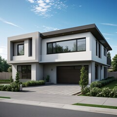 Modern luxury house with a well-manicured lawn..