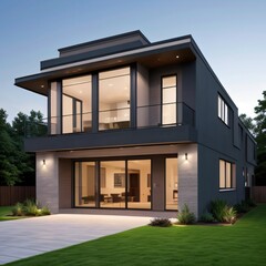 Modern luxury house with a well-manicured lawn..