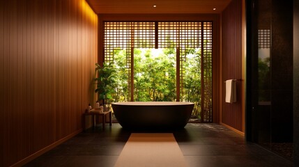 Fototapeta premium Modern minimalist bathroom with wooden walls, a freestanding bathtub, and large windows offering a view of lush greenery.