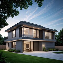 Modern luxury house with a well-manicured lawn..