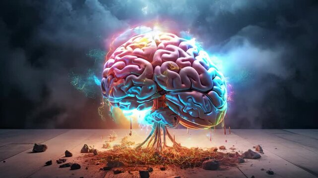 vibrant and dynamic illustration of a human brain, split into two hemispheres, with splashes of colorful paint exploding outward