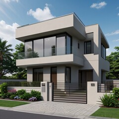 Modern luxury house with a well-manicured lawn..