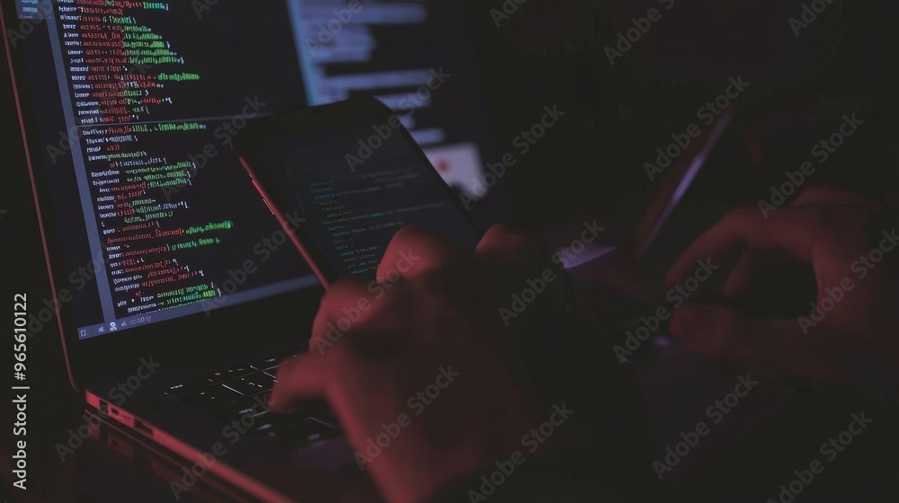 Poster system administrator working on laptop to develop software of data protection to reduce the vulnerab