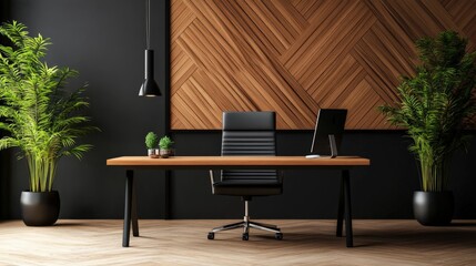 Modern minimalist office with stylish desk, computer, chair, and green plants; dark walls and wooden accents provide a sophisticated ambiance.