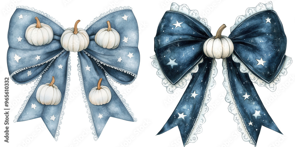 Wall mural two blue bows with white pumpkins and stars