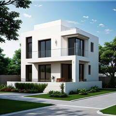 Modern luxury house with a well-manicured lawn..