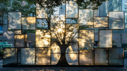 An intricate wall of glass blocks reflecting a tree against a city backdrop at sunset