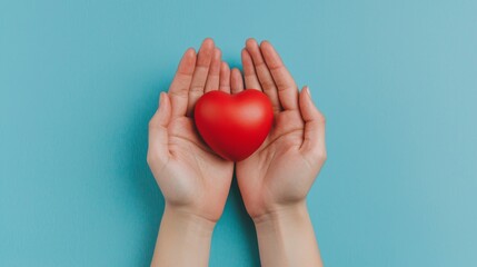 On a blue background, two hands hold a red heart. This image is derived from AI