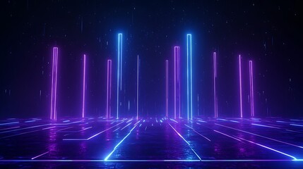 A vibrant and futuristic scene with glowing neon pillars in blue and pink against a dark backdrop, perfect for tech themes. Stage for product presentation.