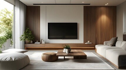 Modern living room with a large flat screen tv mounted above a wooden cabinet, a white rug and a brown sofa.