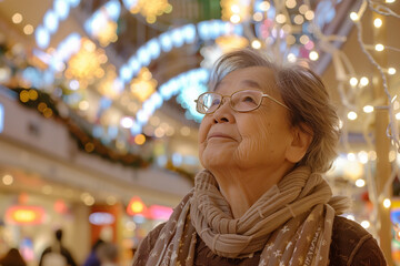 Fototapeta premium Elderly Woman is Joyously Enjoying the Beautiful Holiday Lights Displayed Around Her. Generative AI