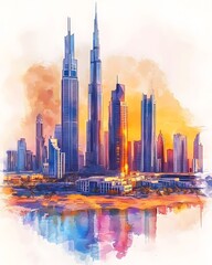 Vibrant Watercolor Depiction of Dubai's Futuristic Skyline and Desert Backdrop