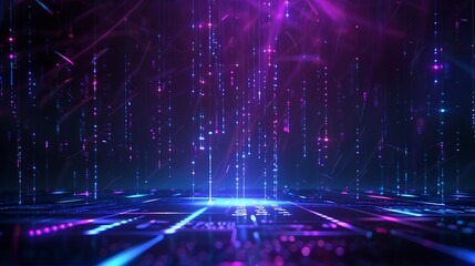 Fototapeta premium A vibrant digital landscape featuring cascading lights and patterns, ideal for futuristic and technology-themed designs. Stage for product presentation.