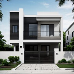 Modern luxury house with a well-manicured lawn..