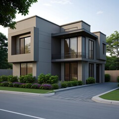 Modern luxury house with a well-manicured lawn..