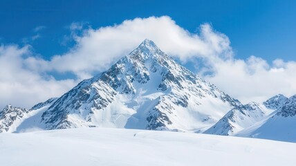 A snowy mountain peak with clouds swirling around, creating a majestic winter scene