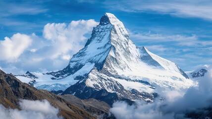 A snowy mountain peak with clouds swirling around, creating a majestic winter scene