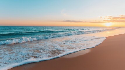 Obraz premium A wide shot of a peaceful beach at sunrise, with gentle waves and soft pastel skies