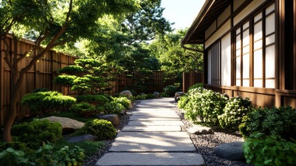 Peaceful Japanese garden with lush greenery, a stone path, and traditional wooden architecture on a sunny day.