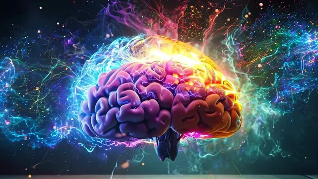 vibrant and dynamic illustration of a human brain, split into two hemispheres, with splashes of colorful paint exploding outward