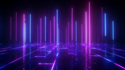 A vibrant digital landscape featuring glowing pink and blue neon lights reflecting off a dark surface, creating a futuristic atmosphere. Stage for product presentation.