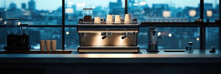 Modern Industrial Kitchen Design with Concrete Countertop and Stainless Steel Espresso Machine