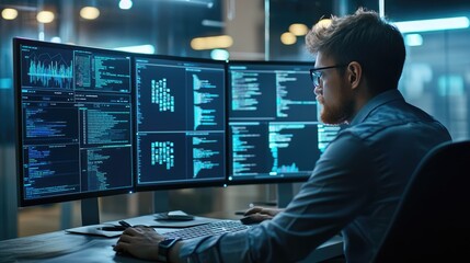 Software developer working on computer in data center at night