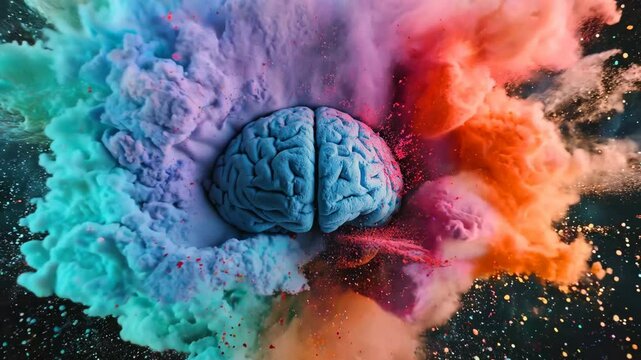vibrant and dynamic illustration of a human brain, split into two hemispheres, with splashes of colorful paint exploding outward