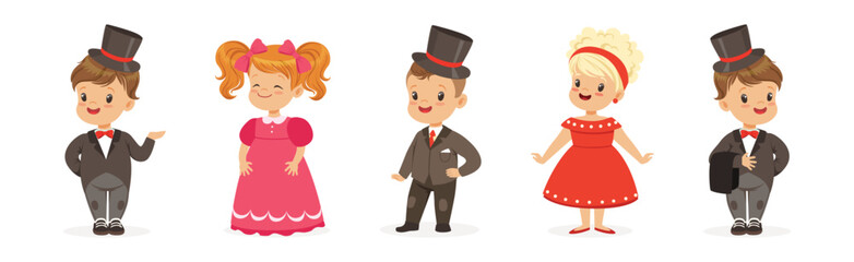 Little Boy and Girl Wear Elegant Fashion Dress and Apparel Vector Set