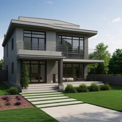 Fototapeta premium Modern luxury house with a well-manicured lawn..