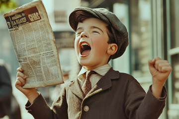 A young newsboy passionately shouting headlines on a lively city street in the early 1900s